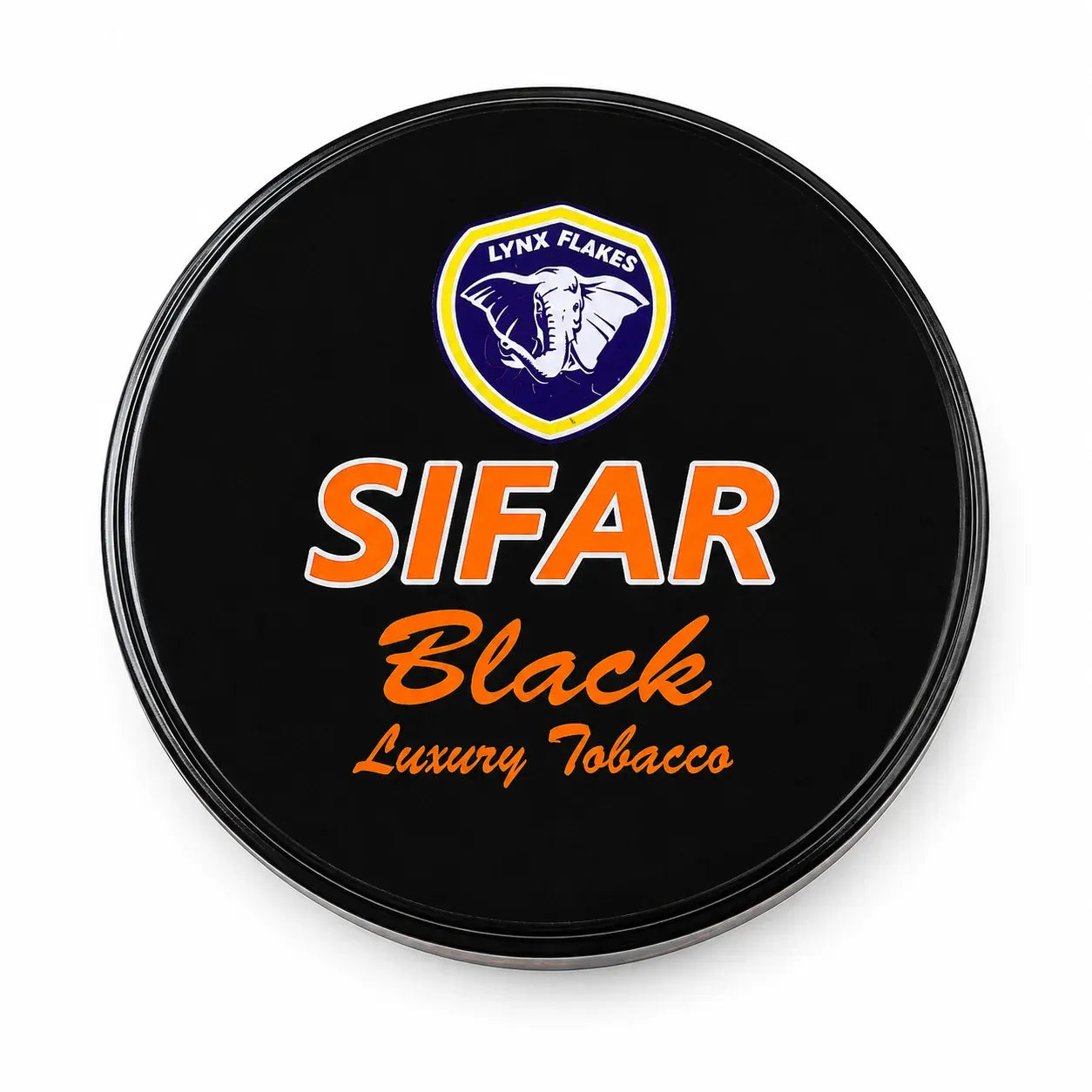 A round black tin of SIFAR Black Luxury Tobacco with a Lynx Flakes logo on the lid, set against a plain white background.