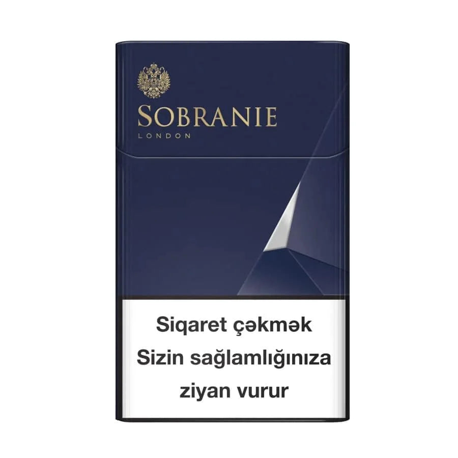 Sobranie London blue cigarette pack with warning text on a white background